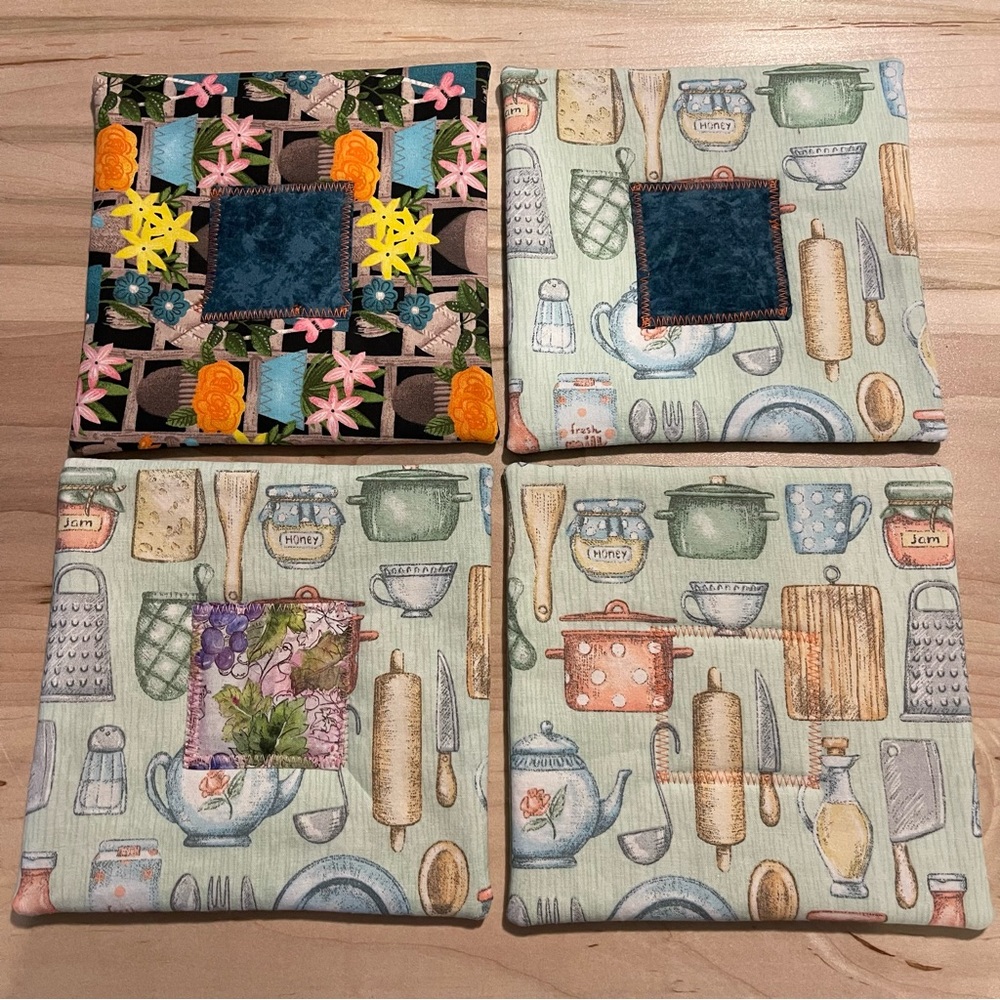 Handcrafted Mismatched Reversible Patchwork Quilted Pot Holders Set of 4